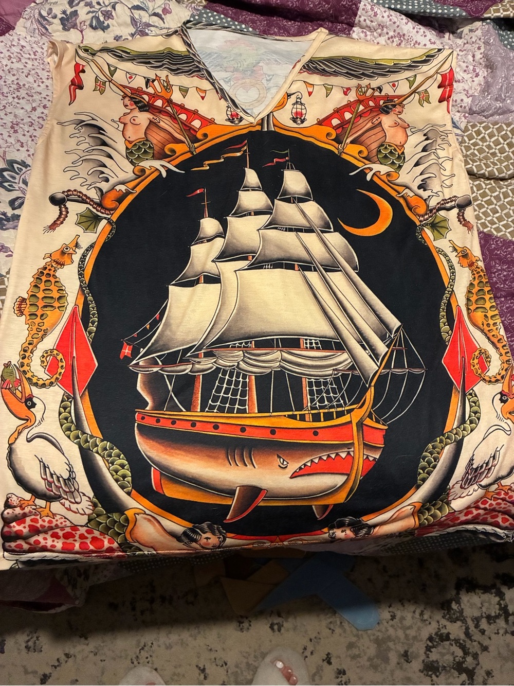Vintage Nautical Ship Graphic Tee - Cream with Black & Orange